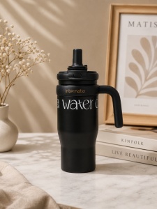 Termos Pentru Adulti cu Pai si Maner, Otel Inoxidabil, Negru, 550 ml