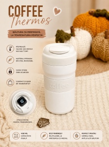 Termos pentru Adulti, cu Termometru Digital, Maner, Otel Inoxidabil, Alb, 450ml - Img 2