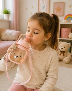 Termos Pentru Copii, cu Pai, Bareta si Maner, Model Urs, Peach, Plastic, 500ml - Img 7