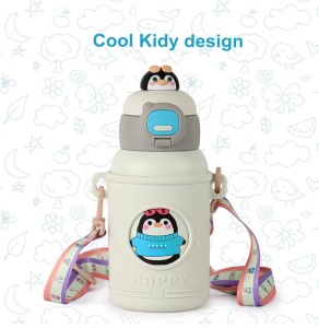 Termos pentru Copii, cu Pai si Bareta, Alb, Model Pinguin, 500 ml - Img 4