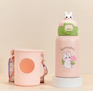 Termos pentru Copii, cu Pai si Bareta, Peach, Model Iepuras, 500 ml - Img 3