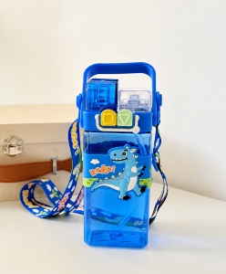 Termos Pentru Copii, Model 2 in 1, cu Bareta si Maner, Dinozaur Albastru, 500 ml