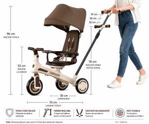 Tricicletă 3 în 1 cu Copertină și Mâner Reglabil pentru Copii 1–5 Ani, Roți Silențioase, Maro - Img 2
