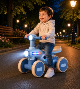 Tricicletă de Echilibru Crem – Albastru pentru Copii, 4 Roți, Muzică și Lumini LED, 1-3 Ani - Img 4