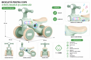 Tricicletă de Echilibru Verde Mentă pentru Copii, 4 Roți, Muzică și Lumini LED, 1-3 Ani - Img 2