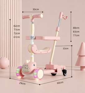 Trotinetă Copii 3 în 1, Roz Pastel, Roti cu Lumini LED, Șezut și Mâner Reglabil, Model Dinozaur - Img 3