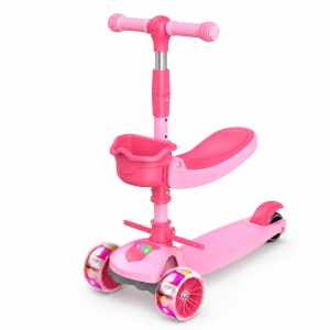 Trotineta Scooter 2 in 1 Reglabila Pentru Copii cu Lumini, Cosulet, Scaunel si colsulet, Roz