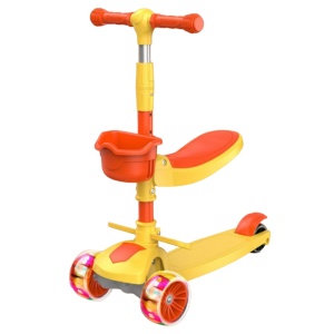 Trotineta Scooter Pentru Copii Reglabila, cu Lumini, Cosulet, Scaunel, Accesorii, Portocaliu, 2 ani+
