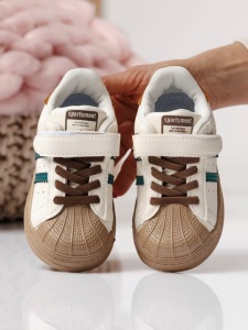Adidași Copii Tip Superstar, cu Scai și Șireturi, Talpă Antiderapantă, Model Casual Sport, Alb cu Verde si Maro - Img 5