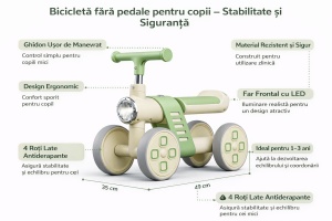 Bicicletă Fără Pedale pentru Copii, 4 Roți, cu Far LED și Design Ergonomic, Ride-On pentru Bebeluși 1-3 Ani, Verde-Crem - Img 2