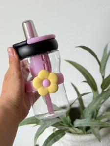 Cana cu Pai Pentru Copii, Model Floare, Plastic, Roz, 500 ml - Img 2