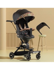 Carucior Sport, 2 in 1 cu Masuta, Reversibil, cu Pozitie de Somn, Tavita Pentru Masa, Parasolar Negru cu Imprimeu Florat - Img 2
