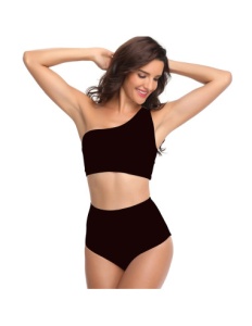 Costum de Baie Dama Doua Piese pe un Umar Chilot Inalt Negru