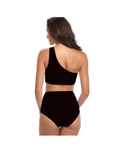 Costum de Baie Dama Doua Piese pe un Umar Chilot Inalt Negru - Img 2