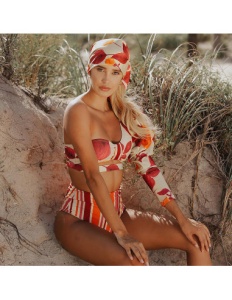 Costum de Baie, Doua Piese, Maneca Lunga Bufanta, Elegant Orange - Img 2