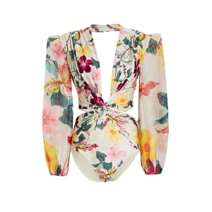 Costum de Baie, Intreg, Decupat, cu Maneca, Elegant Bouquet