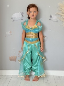 Costum de Carnaval pentru Fetite, din 2 Piese, Dans Oriental, Saten si Voal, cu Brosa, Turquoise - Img 3