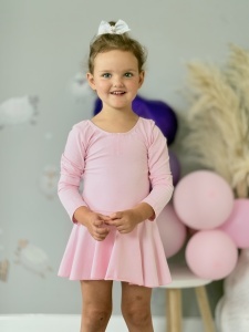 Costum pentru Dans/Gimnastica, Body cu Fustita, Maneca Lunga, Bumbac, Roz - Img 4