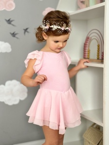 Costum pentru Dans/Gimnastica, Body cu Fustita si Capse, Maneca Scurta Bufanta, Bumbac si Organza, Roz - Img 5