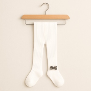 Dres cu Talpa pentru Copii, Alb, cu Funda Carouri, Bumbac Gros