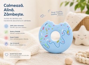 Jucarie pentru Dentitie Bebelusi, Donut, BPA Free Silicon, Bleu, 3 luni+ - Img 3