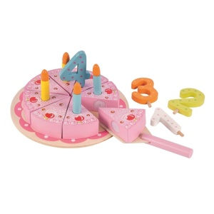 Jucărie Tort Aniversar din Lemn, Set cu 8 felii, Spatulă, Numere și lumânări, Multicolor, 2ani+