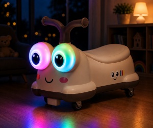 Mașinuță Crem Ride-On pentru Copii, Model Omidă, 2-4 Ani, cu Lumini și Roți Silențioase - Img 3