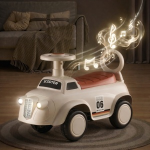 Mașinuță Fără Pedale pentru Copii, Crem, cu Spațiu de Depozitare, Faruri Luminoase și Volan 360° – Ride On Copii 1-3 Ani - Img 3