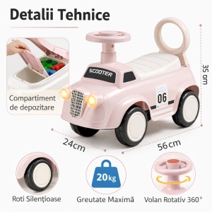Mașinuță Fără Pedale pentru Copii Roz, cu Spațiu de Depozitare, Faruri Luminoase și Volan 360° – Ride On Copii 1-3 Ani - Img 4