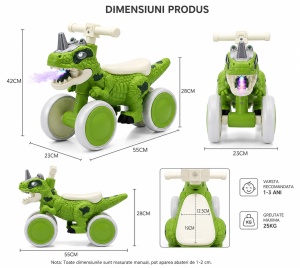 Mașinuță Ride-On Dinozaur pentru Copii, cu Lumini LED, Efect Flacără și Sunete, Fără Pedale, 55 cm, Verde, 1-3 Ani - Img 3