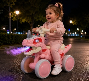 Mașinuță Ride-On Dinozaur pentru Copii, cu Lumini LED, Efect Flacără și Sunete, Fără Pedale, 55 cm, Roz, 1-3 Ani - Img 2