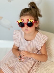 Ochelari de Soare pentru Copii, Marime Universala, Rosu cu Fundite Galbene, Plastic