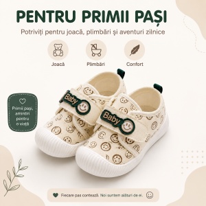 Pantofi Bebeluși pentru Primii Pași, Închidere cu Scai, Branț Moale, Model Smiley Baby, Crem cu Verde - Img 9