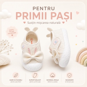 Pantofi Bebeluși pentru Primii Pași, Închidere cu Scai, Branț Moale, Model Fundiță și Urechi de Iepuraș, Roz Pal - Img 7