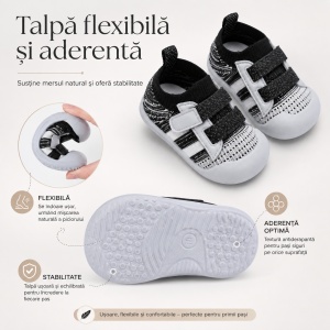 Pantofi Copii pentru Primii Pași, cu Scai, Bandă Elastică, Branț Moale, Talpă Antiderapantă, Negru cu Alb - Img 3
