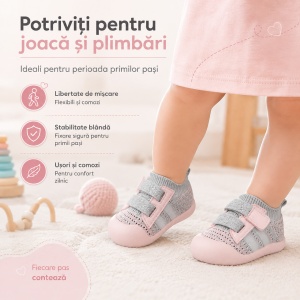Pantofi Copii pentru Primii Pași, cu Scai, Bandă Elastică, Branț Moale, Talpă Antiderapantă, Gri cu Roz Pal - Img 8