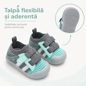 Pantofi Copii pentru Primii Pași, Închidere cu Scai, Bandă Elastică, Branț Moale, Talpă Antiderapantă, Gri cu Verde Mentă - Img 3