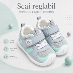 Pantofi Copii Stil Adidași, cu Elastic și Scai, Branț Moale, Talpă din Cauciuc, Gri cu Verde Mentă - Img 5