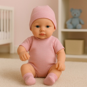 Papusa Mini Bebelus, Fetita, Corp Moale si Mobil, Roz cu Dungi Albe, 20 cm