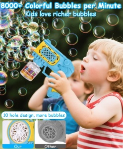 Pistol pentru Baloane de Săpun Bubble Blaster Turbo Albastru-Galben, 10 Orificii, Lumini LED, Funcționare pe Baterii - Img 2