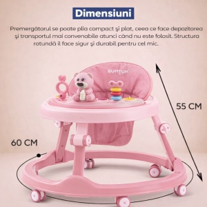 Premergător Culoare Roz pentru Bebeluși cu Mâner Reglabil, Model Urs cu Centru de Activități - Img 5