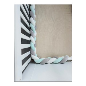Protectie Laterala Pentru Patut Bebe, Bumper Impletit, Bumbac, Verde, Gri, Alb 2m