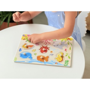 Puzzle Montessori din Lemn, Model Animale Marine, 7 Piese, Dimensiune 30x22.5 cm