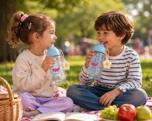 Recipient pentru Apa, Bleu, Sticla, Model Crocodile si Floare, 450 ml - Img 2