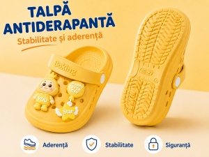 Saboți Copii Tip Crocs cu Personaj 3D, Balon și Stea Decorativa, Baretă Reglabilă, Talpă Antiderapantă, Galben - Img 9