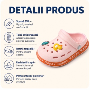 Saboți Copii Tip Crocs din Spumă cu Accesorii 3D Detașabile, Baretă Reglabilă, Talpă Antiderapantă, Roz - Img 2
