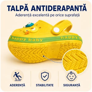 Saboți Copii Tip Crocs din Spumă cu Accesorii 3D Detașabile, Baretă Reglabilă, Talpă Antiderapantă, Galben - Img 5
