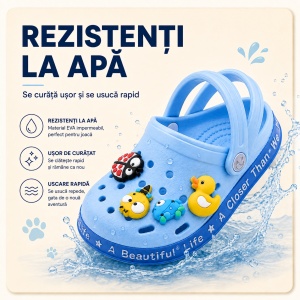 Saboți Copii Tip Crocs din Spumă cu Accesorii 3D Detașabile și Baretă Reglabilă, Albastru Deschis - Img 3