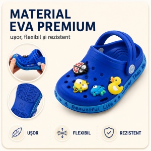 Saboți Copii Tip Crocs din Spumă cu Accesorii Detașabile și Baretă Reglabilă, Albastru Închis - Img 4