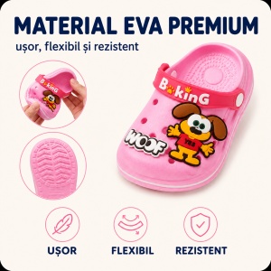 Saboți Copii Tip Crocs din Spumă cu Cățeluș 3D, Baretă Reglabilă, Talpă Antiderapantă, Roz - Img 5